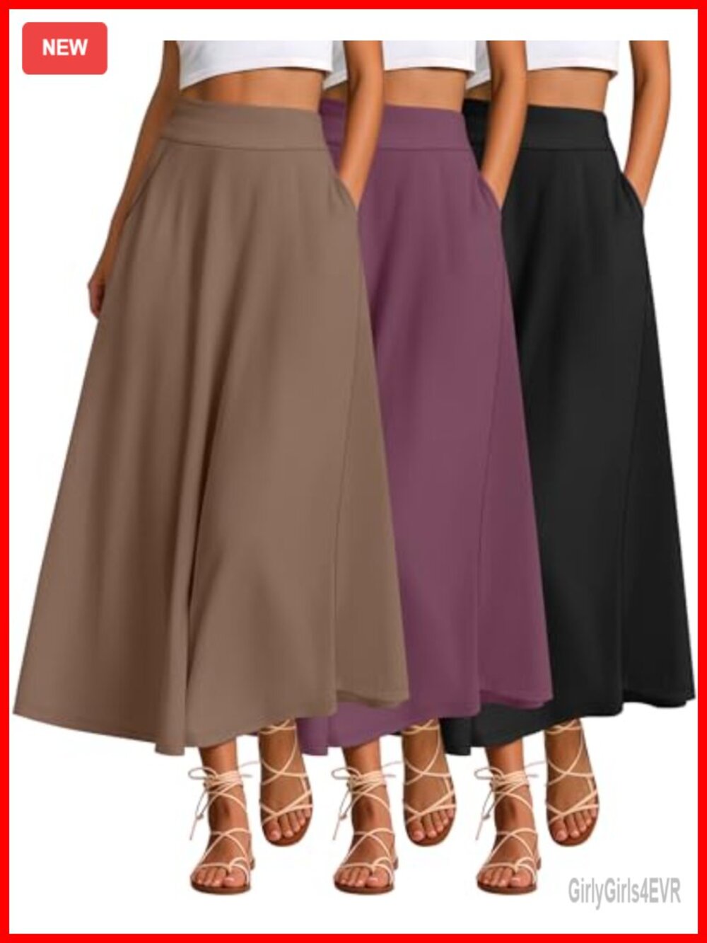 Maxi Long Skirts for Women A-Line High Rise Stretch Pull-On 3 Pack